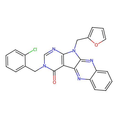 3-(2-chlorobenzyl)-11-(furan-2-ylmethyl)-3H-pyrimido[5',4':4,5]pyrrolo[2,3-b]quinoxalin-4(11H)-one structure