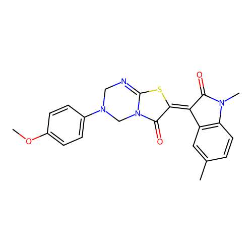 (7Z)-7-(1,5-dimethyl-2-oxo-1,2-dihydro-3H-indol-3-ylidene)-3-(4-methoxyphenyl)-3,4-dihydro-2H-[1,3]thiazolo[3,2-a][1,3,5]triazin-6(7H)-one structure