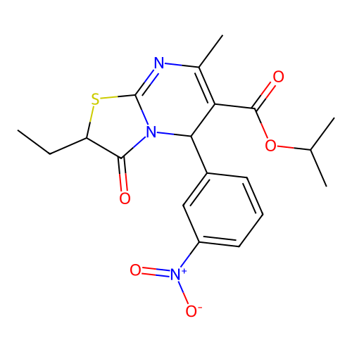 isopropyl 2-ethyl-7-methyl-5-(3-nitrophenyl)-3-oxo-3,5-dihydro-2H-thiazolo[3,2-a]pyrimidine-6-carboxylate structure