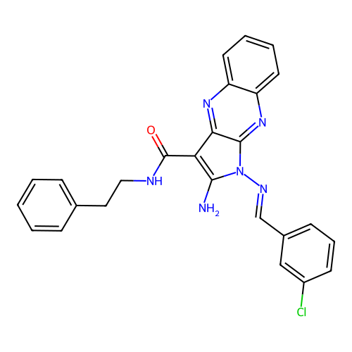 (E)-2-amino-1-((3-chlorobenzylidene)amino)-N-phenethyl-1H-pyrrolo[2,3-b]quinoxaline-3-carboxamide structure