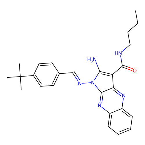 (E)-2-amino-N-butyl-1-((4-(tert-butyl)benzylidene)amino)-1H-pyrrolo[2,3-b]quinoxaline-3-carboxamide structure