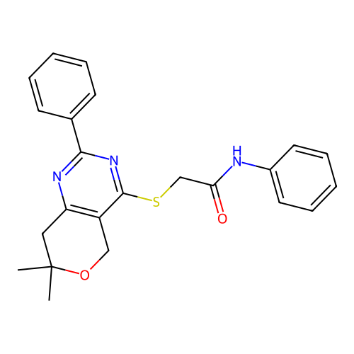 2-((7,7-dimethyl-2-phenyl-7,8-dihydro-5H-pyrano[4,3-d]pyrimidin-4-yl)thio)-N-phenylacetamide structure