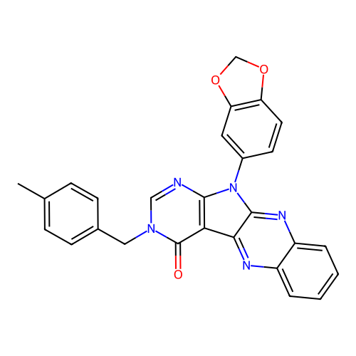 11-(benzo[d][1,3]dioxol-5-yl)-3-(4-methylbenzyl)-3H-pyrimido[5',4':4,5]pyrrolo[2,3-b]quinoxalin-4(11H)-one structure