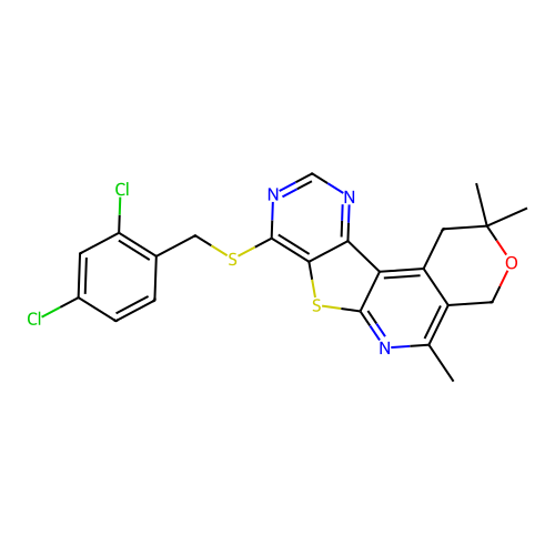 8-((2,4-dichlorobenzyl)thio)-2,2,5-trimethyl-2,4-dihydro-1H-pyrano[4'',3'':4',5']pyrido[3',2':4,5]thieno[3,2-d]pyrimidine structure