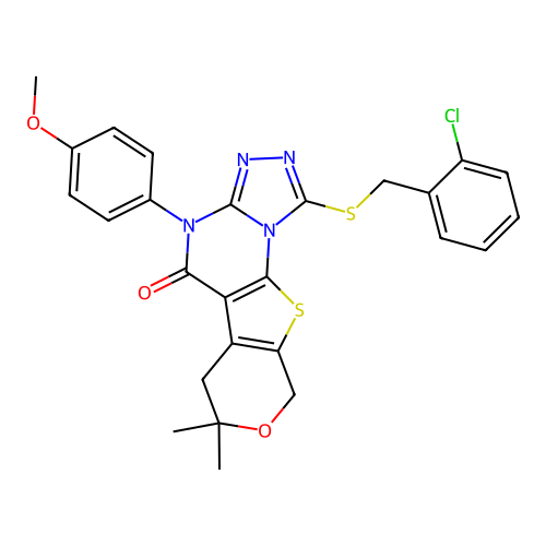 1-((2-chlorobenzyl)thio)-4-(4-methoxyphenyl)-7,7-dimethyl-6,7-dihydro-4H-pyrano[4',3':4,5]thieno[3,2-e][1,2,4]triazolo[4,3-a]pyrimidin-5(9H)-one structure