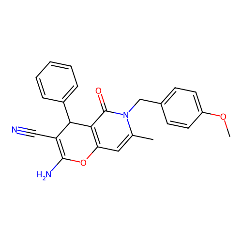 2-amino-6-(4-methoxybenzyl)-7-methyl-5-oxo-4-phenyl-5,6-dihydro-4H-pyrano[3,2-c]pyridine-3-carbonitrile structure