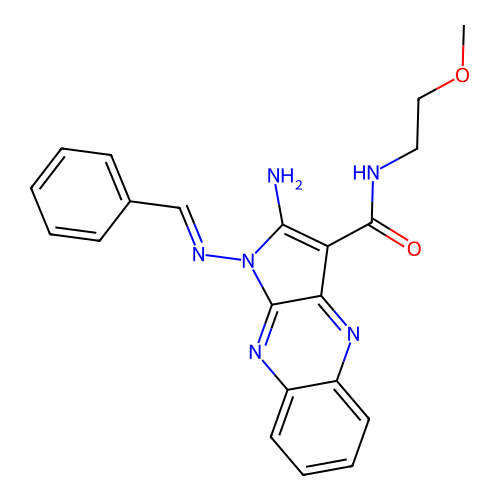 2-amino-1-[(E)-benzylideneamino]-N-(2-methoxyethyl)pyrrolo[3,2-b]quinoxaline-3-carboxamide structure