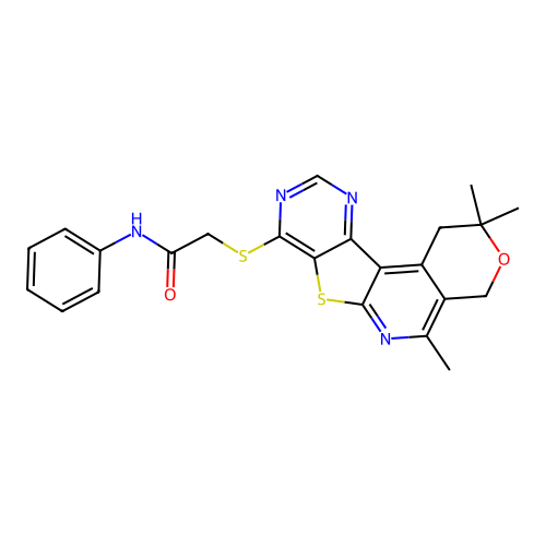 N-phenyl-2-[(2,2,5-trimethyl-1,4-dihydro-2H-pyrano[4'',3'':4',5']pyrido[3',2':4,5]thieno[3,2-d]pyrimidin-8-yl)sulfanyl]acetamide structure