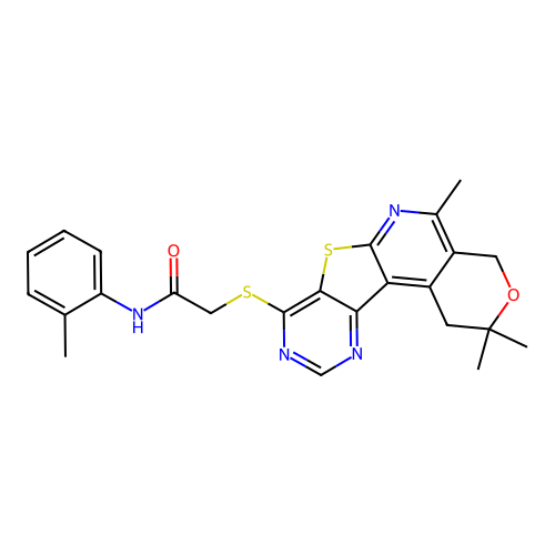 N-(2-methylphenyl)-2-[(2,2,5-trimethyl-1,4-dihydro-2H-pyrano[4'',3'':4',5']pyrido[3',2':4,5]thieno[3,2-d]pyrimidin-8-yl)sulfanyl]acetamide structure