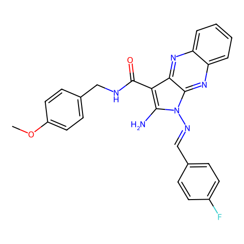 (E)-2-amino-1-((4-fluorobenzylidene)amino)-N-(4-methoxybenzyl)-1H-pyrrolo[2,3-b]quinoxaline-3-carboxamide structure