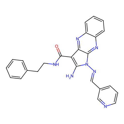 (E)-2-amino-N-phenethyl-1-((pyridin-3-ylmethylene)amino)-1H-pyrrolo[2,3-b]quinoxaline-3-carboxamide structure