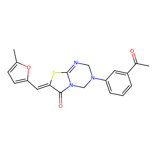 (7Z)-3-(3-acetylphenyl)-7-[(5-methylfuran-2-yl)methylidene]-2,4-dihydro-[1,3]thiazolo[3,2-a][1,3,5]triazin-6-one structure