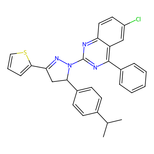 6-chloro-2-(5-(4-isopropylphenyl)-3-(thiophen-2-yl)-4,5-dihydro-1H-pyrazol-1-yl)-4-phenylquinazoline structure