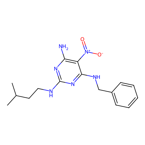 {6-Amino-2-[(3-methylbutyl)amino]-5-nitropyrimidin-4-yl}benzylamine structure