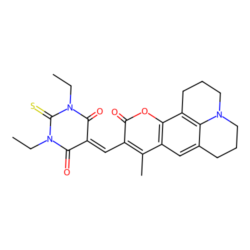 1,3-diethyl-5-((9-methyl-11-oxo-2,3,5,6,7,11-hexahydro-1H-pyrano[2,3-f]pyrido[3,2,1-ij]quinolin-10-yl)methylene)-2-thioxodihydropyrimidine-4,6(1H,5H)-dione structure