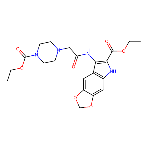 ethyl 7-({[4-(ethoxycarbonyl)piperazin-1-yl]acetyl}amino)-5H-[1,3]dioxolo[4,5-f]indole-6-carboxylate structure