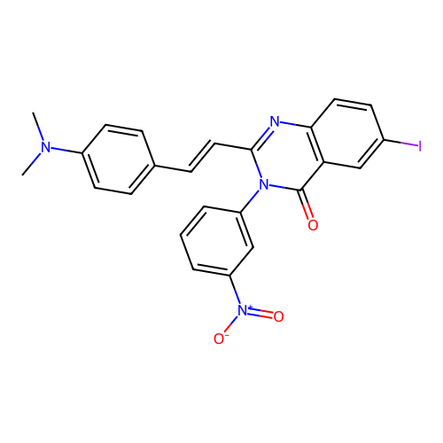 (E)-2-(4-(dimethylamino)styryl)-6-iodo-3-(3-nitrophenyl)quinazolin-4(3H)-one structure