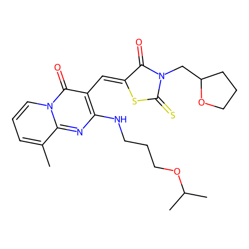 9-methyl-3-{(Z)-[4-oxo-3-(tetrahydrofuran-2-ylmethyl)-2-thioxo-1,3-thiazolidin-5-ylidene]methyl}-2-{[3-(propan-2-yloxy)propyl]amino}-4H-pyrido[1,2-a]pyrimidin-4-one structure