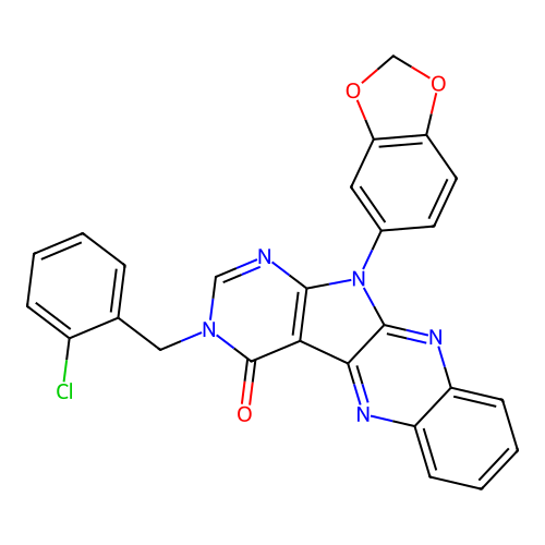 11-(benzo[d][1,3]dioxol-5-yl)-3-(2-chlorobenzyl)-3H-pyrimido[5',4':4,5]pyrrolo[2,3-b]quinoxalin-4(11H)-one structure