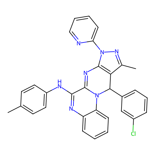 11-(3-chlorophenyl)-10-methyl-8-(pyridin-2-yl)-N-(p-tolyl)-8,11-dihydropyrazolo[3',4':4,5]pyrimido[1,2-a]quinoxalin-6-amine structure