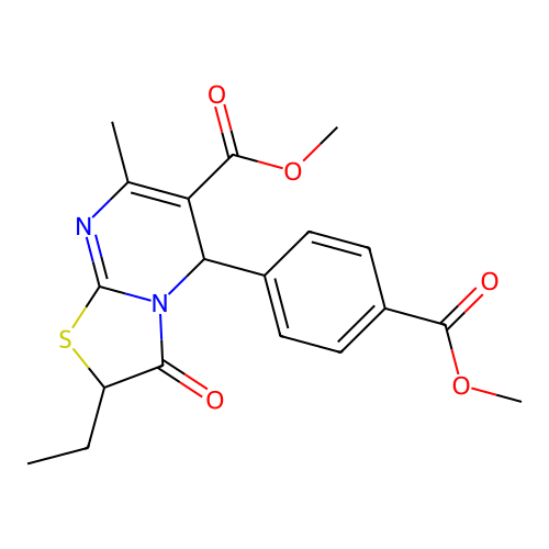 methyl 2-ethyl-5-[4-(methoxycarbonyl)phenyl]-7-methyl-3-oxo-2,3-dihydro-5H-[1,3]thiazolo[3,2-a]pyrimidine-6-carboxylate structure