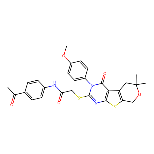 N-(4-acetylphenyl)-2-((3-(4-methoxyphenyl)-6,6-dimethyl-4-oxo-4,5,6,8-tetrahydro-3H-pyrano[4',3':4,5]thieno[2,3-d]pyrimidin-2-yl)thio)acetamide structure