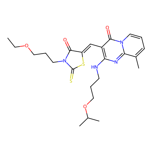 3-{(Z)-[3-(3-ethoxypropyl)-4-oxo-2-thioxo-1,3-thiazolidin-5-ylidene]methyl}-9-methyl-2-{[3-(propan-2-yloxy)propyl]amino}-4H-pyrido[1,2-a]pyrimidin-4-one structure