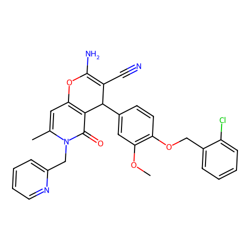 2-amino-4-(4-((2-chlorobenzyl)oxy)-3-methoxyphenyl)-7-methyl-5-oxo-6-(pyridin-2-ylmethyl)-5,6-dihydro-4H-pyrano[3,2-c]pyridine-3-carbonitrile structure