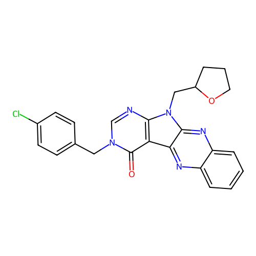 3-(4-chlorobenzyl)-11-((tetrahydrofuran-2-yl)methyl)-3H-pyrimido[5',4':4,5]pyrrolo[2,3-b]quinoxalin-4(11H)-one structure