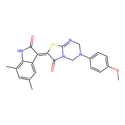 (Z)-7-(5,7-dimethyl-2-oxoindolin-3-ylidene)-3-(4-methoxyphenyl)-3,4-dihydro-2H-thiazolo[3,2-a][1,3,5]triazin-6(7H)-one structure
