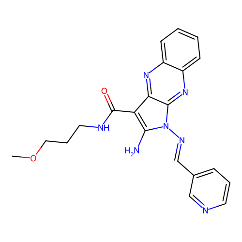(E)-2-amino-N-(3-methoxypropyl)-1-((pyridin-3-ylmethylene)amino)-1H-pyrrolo[2,3-b]quinoxaline-3-carboxamide structure