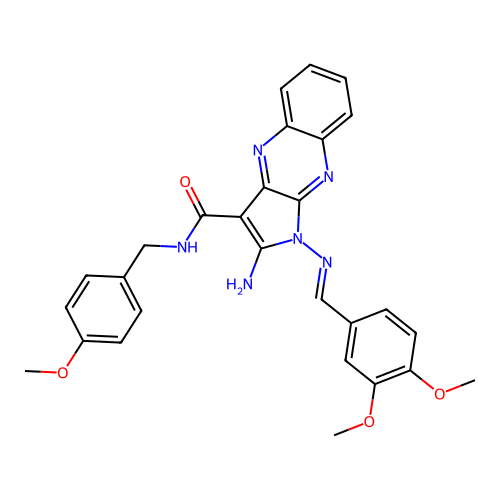 (E)-2-amino-1-((3,4-dimethoxybenzylidene)amino)-N-(4-methoxybenzyl)-1H-pyrrolo[2,3-b]quinoxaline-3-carboxamide structure