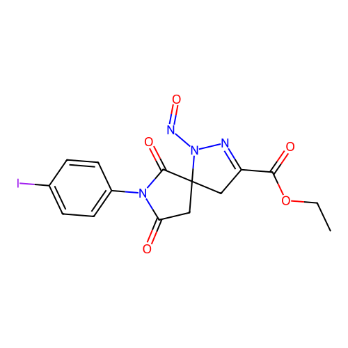 ethyl 7-(4-iodophenyl)-1-nitroso-6,8-dioxo-1,2,7-triazaspiro[4.4]non-2-ene-3-carboxylate structure