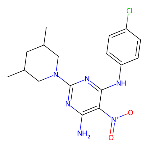 N-(4-chlorophenyl)-2-(3,5-dimethylpiperidin-1-yl)-5-nitropyrimidine-4,6-diamine structure