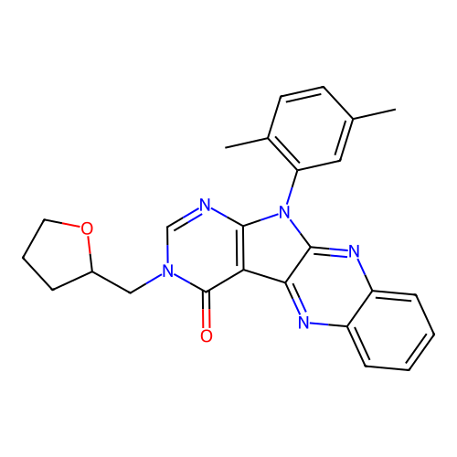 11-(2,5-dimethylphenyl)-3-((tetrahydrofuran-2-yl)methyl)-3H-pyrimido[5',4':4,5]pyrrolo[2,3-b]quinoxalin-4(11H)-one structure