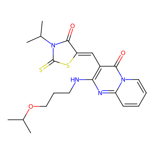 (Z)-5-((2-((3-isopropoxypropyl)amino)-4-oxo-4H-pyrido[1,2-a]pyrimidin-3-yl)methylene)-3-isopropyl-2-thioxothiazolidin-4-one structure