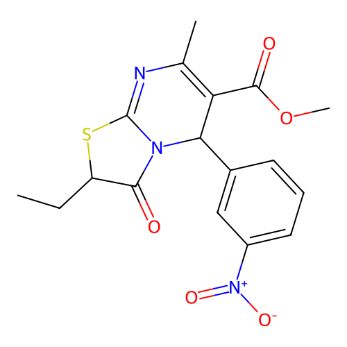 methyl 2-ethyl-7-methyl-5-(3-nitrophenyl)-3-oxo-2,3-dihydro-5H-[1,3]thiazolo[3,2-a]pyrimidine-6-carboxylate structure