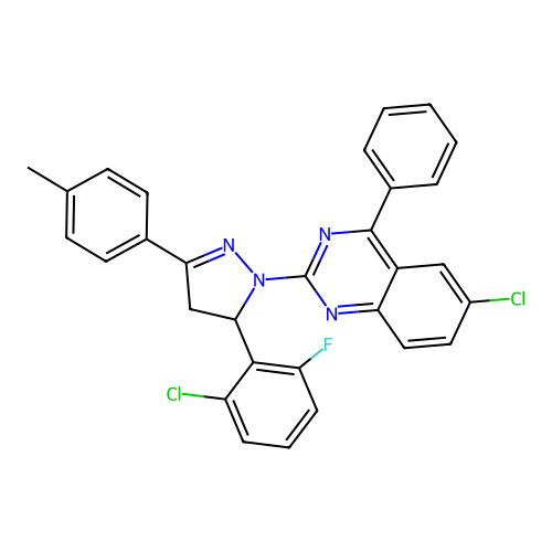 6-chloro-2-(5-(2-chloro-6-fluorophenyl)-3-(p-tolyl)-4,5-dihydro-1H-pyrazol-1-yl)-4-phenylquinazoline structure