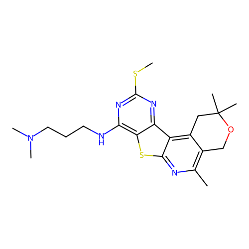N,N-dimethyl-N'-[2,2,5-trimethyl-10-(methylsulfanyl)-1,4-dihydro-2H-pyrano[4'',3'':4',5']pyrido[3',2':4,5]thieno[3,2-d]pyrimidin-8-yl]propane-1,3-diamine structure