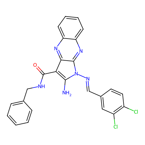 (E)-2-amino-N-benzyl-1-((3,4-dichlorobenzylidene)amino)-1H-pyrrolo[2,3-b]quinoxaline-3-carboxamide structure