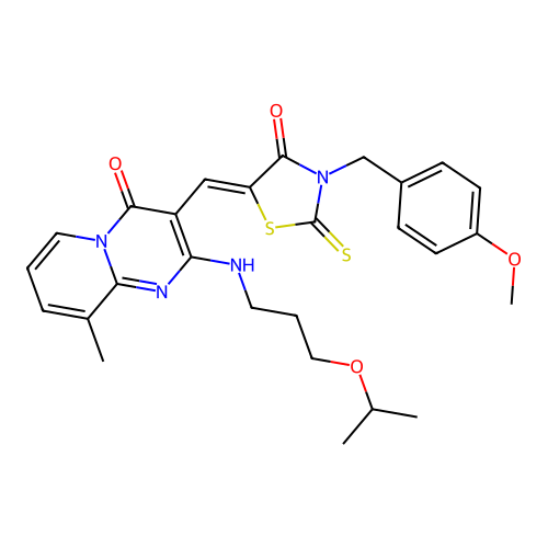 3-{(Z)-[3-(4-methoxybenzyl)-4-oxo-2-thioxo-1,3-thiazolidin-5-ylidene]methyl}-9-methyl-2-{[3-(propan-2-yloxy)propyl]amino}-4H-pyrido[1,2-a]pyrimidin-4-one structure