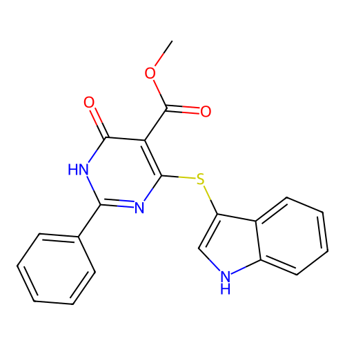 methyl 4-hydroxy-6-(1H-indol-3-ylsulfanyl)-2-phenylpyrimidine-5-carboxylate structure