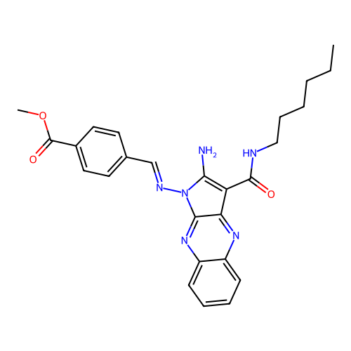 (E)-methyl 4-(((2-amino-3-(hexylcarbamoyl)-1H-pyrrolo[2,3-b]quinoxalin-1-yl)imino)methyl)benzoate structure