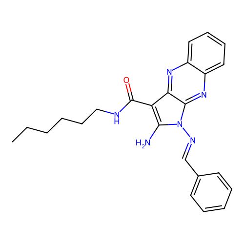 (E)-2-amino-1-(benzylideneamino)-N-hexyl-1H-pyrrolo[2,3-b]quinoxaline-3-carboxamide structure