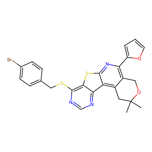 8-((4-bromobenzyl)thio)-5-(furan-2-yl)-2,2-dimethyl-2,4-dihydro-1H-pyrano[4'',3'':4',5']pyrido[3',2':4,5]thieno[3,2-d]pyrimidine structure