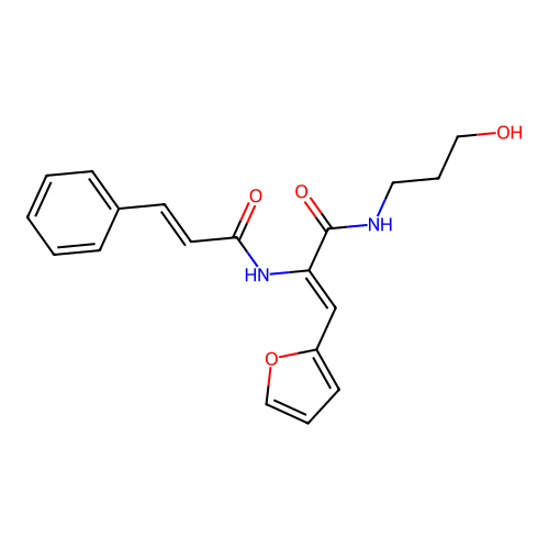 (Z)-2-cinnamamido-3-(furan-2-yl)-N-(3-hydroxypropyl)acrylamide structure