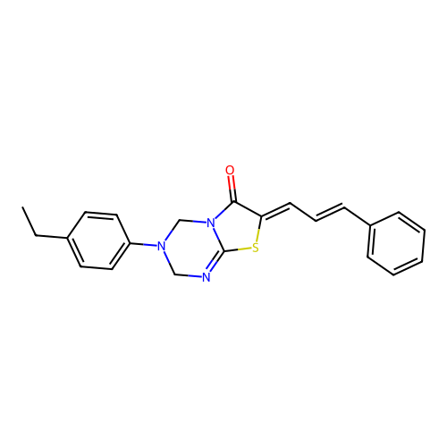 (7Z)-3-(4-ethylphenyl)-7-[(2E)-3-phenylprop-2-en-1-ylidene]-3,4-dihydro-2H-[1,3]thiazolo[3,2-a][1,3,5]triazin-6(7H)-one structure