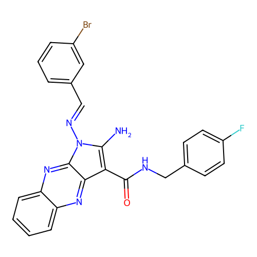 (E)-2-amino-1-((3-bromobenzylidene)amino)-N-(4-fluorobenzyl)-1H-pyrrolo[2,3-b]quinoxaline-3-carboxamide structure