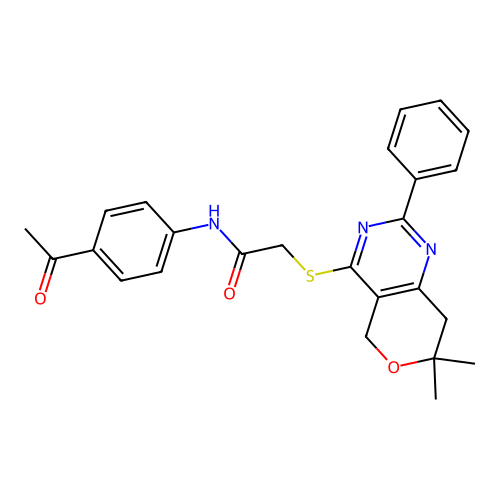 N-(4-acetylphenyl)-2-((7,7-dimethyl-2-phenyl-7,8-dihydro-5H-pyrano[4,3-d]pyrimidin-4-yl)thio)acetamide structure