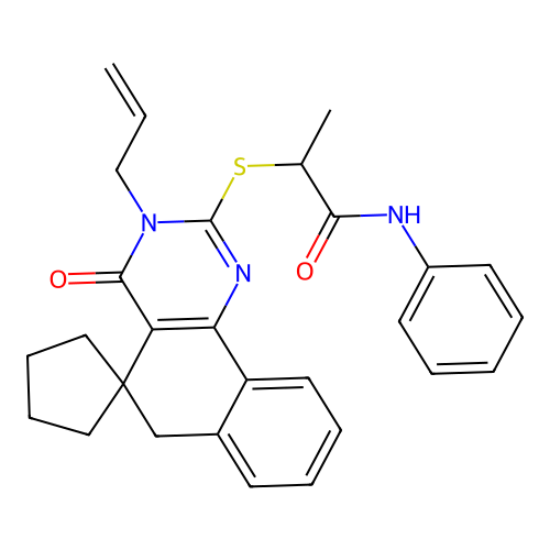 2-((3-allyl-4-oxo-4,6-dihydro-3H-spiro[benzo[h]quinazoline-5,1'-cyclopentan]-2-yl)thio)-N-phenylpropanamide structure